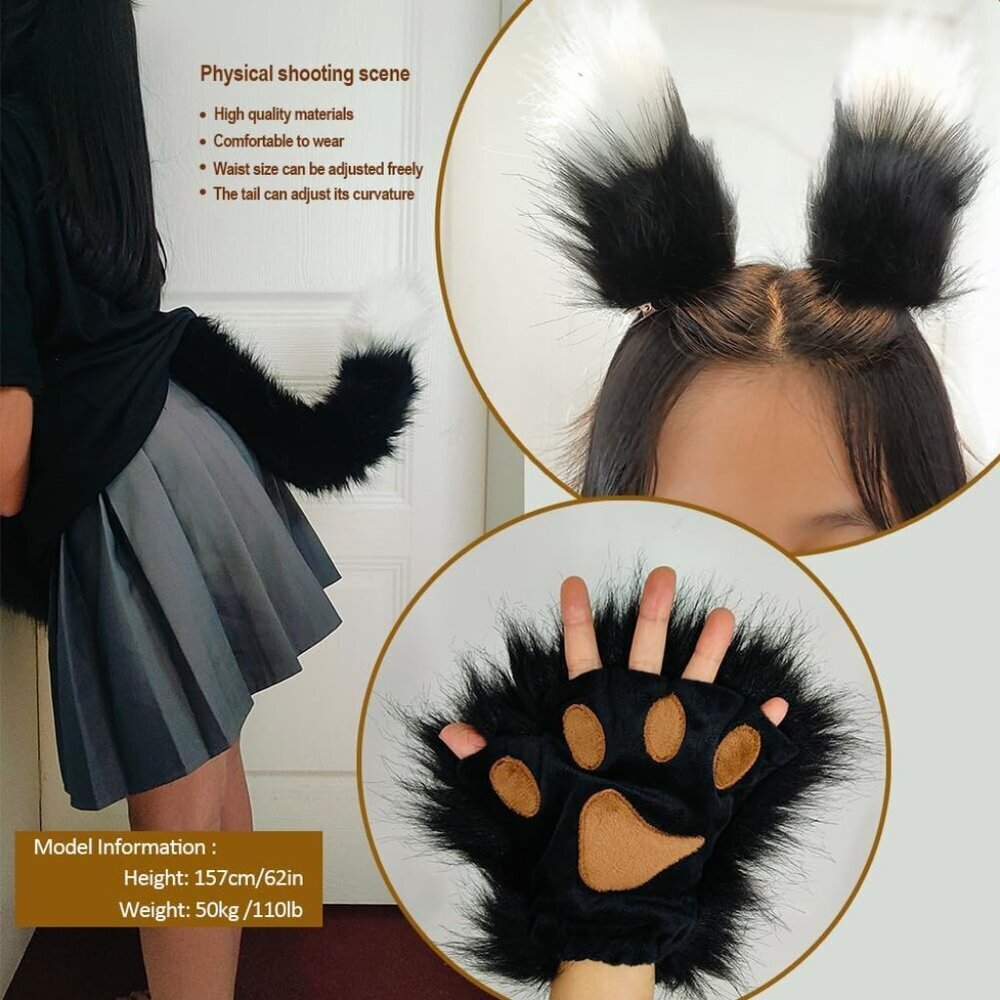 Faux Fur Cat Fox Wolf Ear Headband Tail Gloves Set Cosplay Halloween Party - Picture 4 of 7